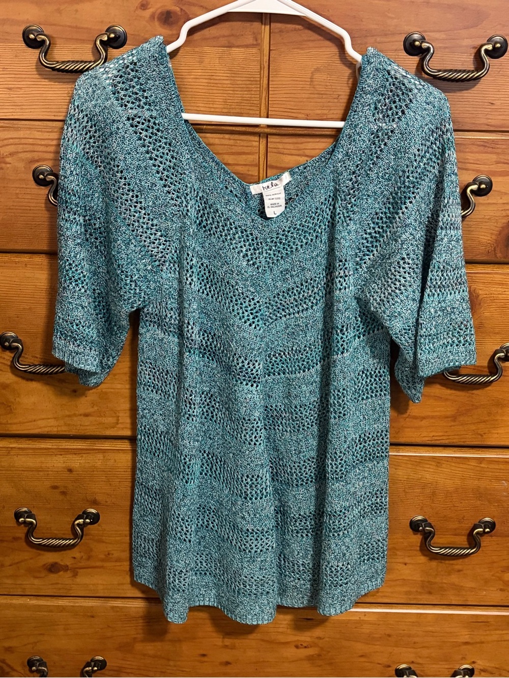 Isela Teal Open Knit Tunic Top Size Large Short Sleeve